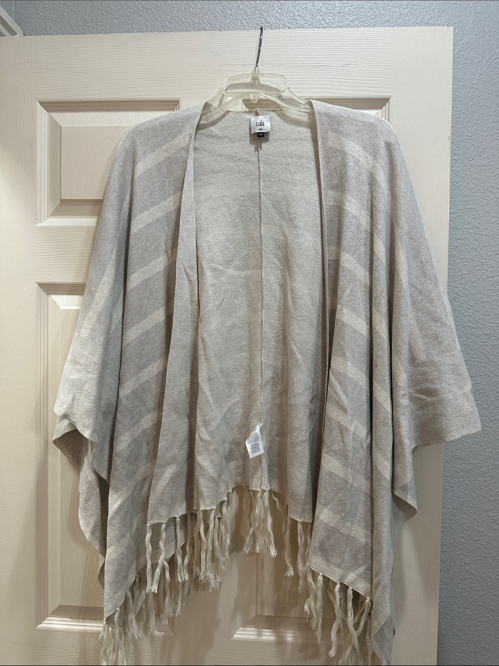 Cabi Fringe Poncho Wrap Shawl - Neutral Cream Striped